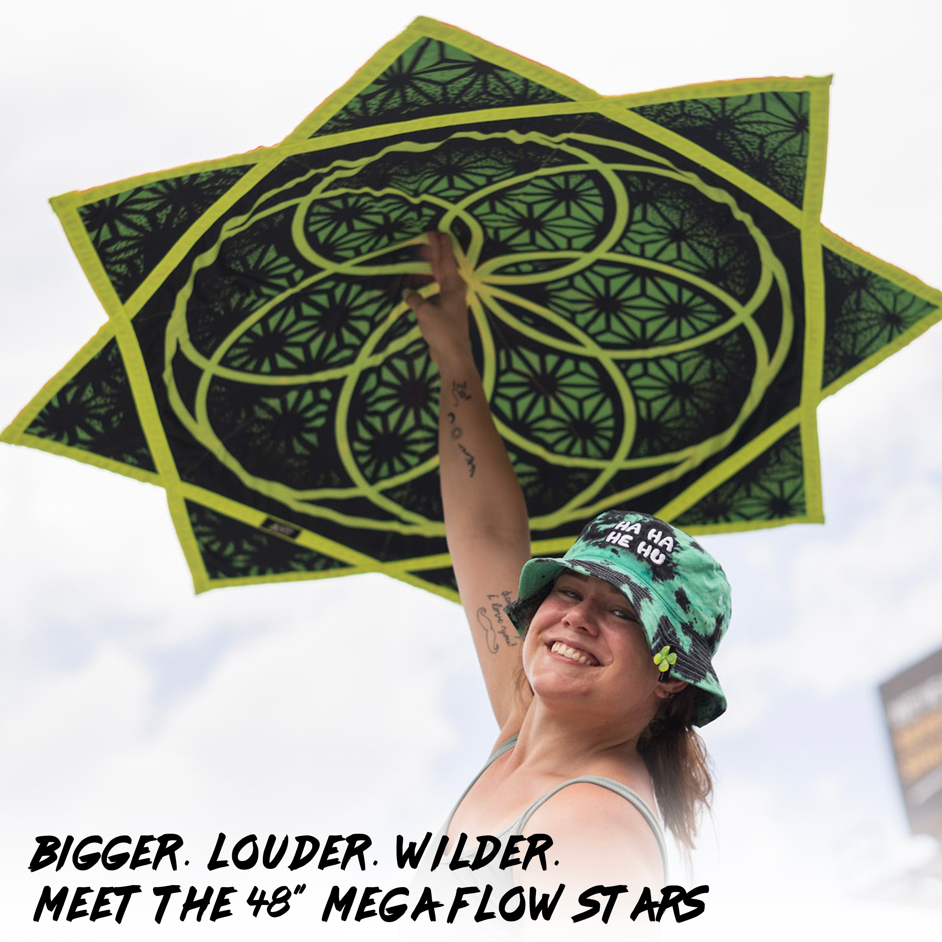 First Earth Spiral 1 48” Mega Kaiju Flow Star — color-switch UV rave prop built for huge, smooth spinning.