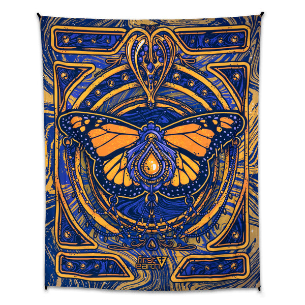 Monarch UV Reactive Tapestry by First Earth – glowing butterfly wall art for rave and EDM déco