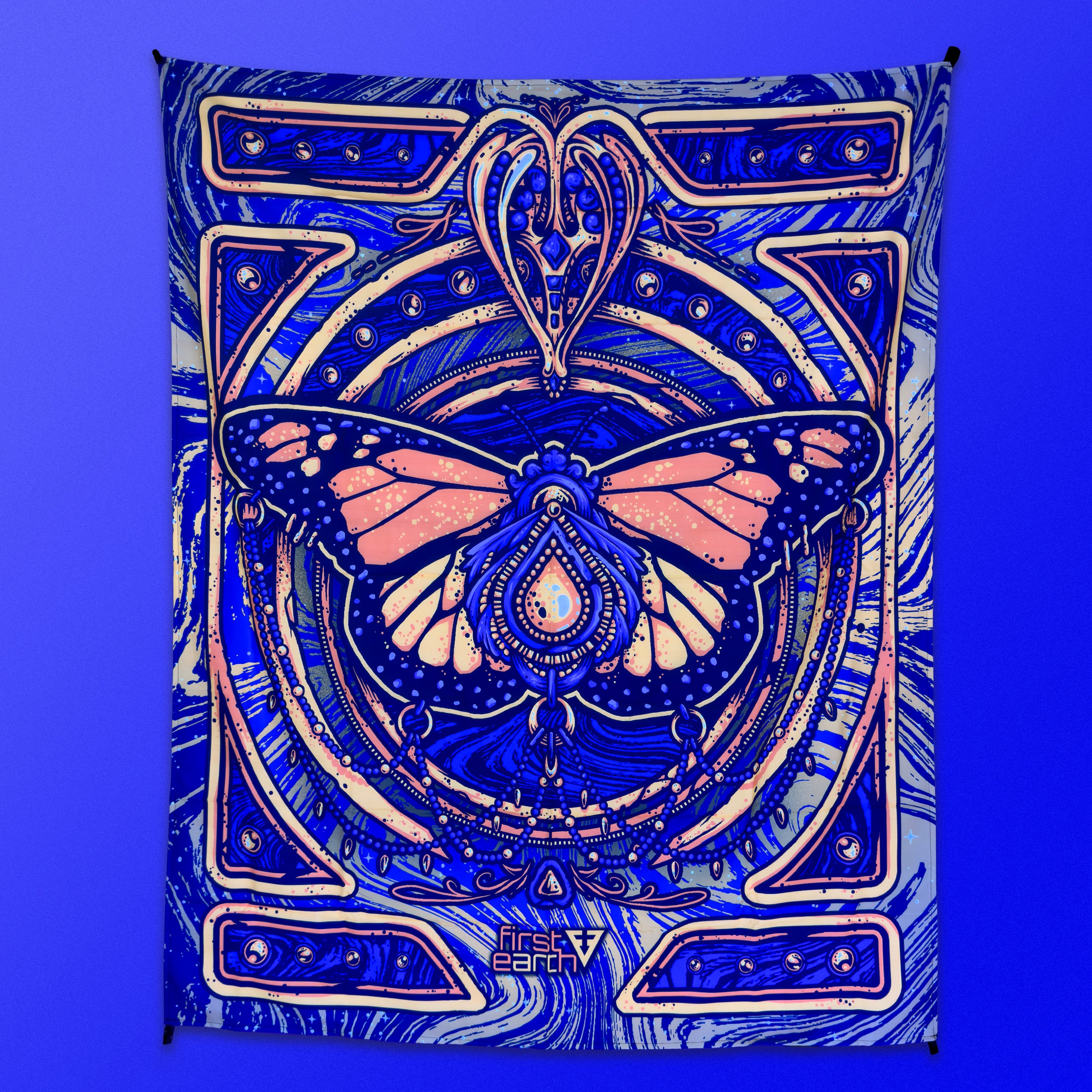Monarch UV Reactive Tapestry by First Earth – glowing butterfly wall art for rave and EDM déco