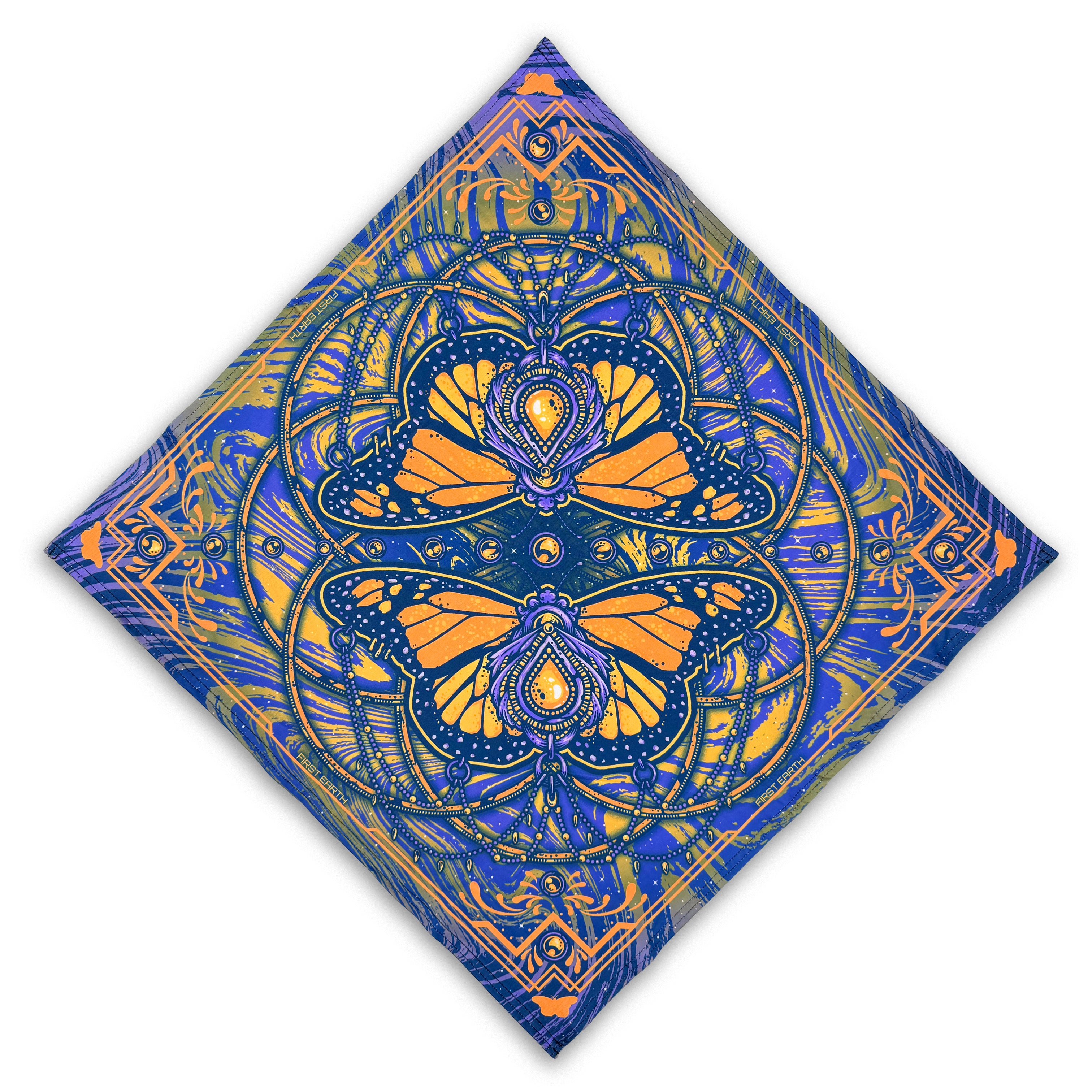 Monarch UV glow bandana by First Earth – lightweight rave accessory with glowing butterfly design, breathable and festival-ready 