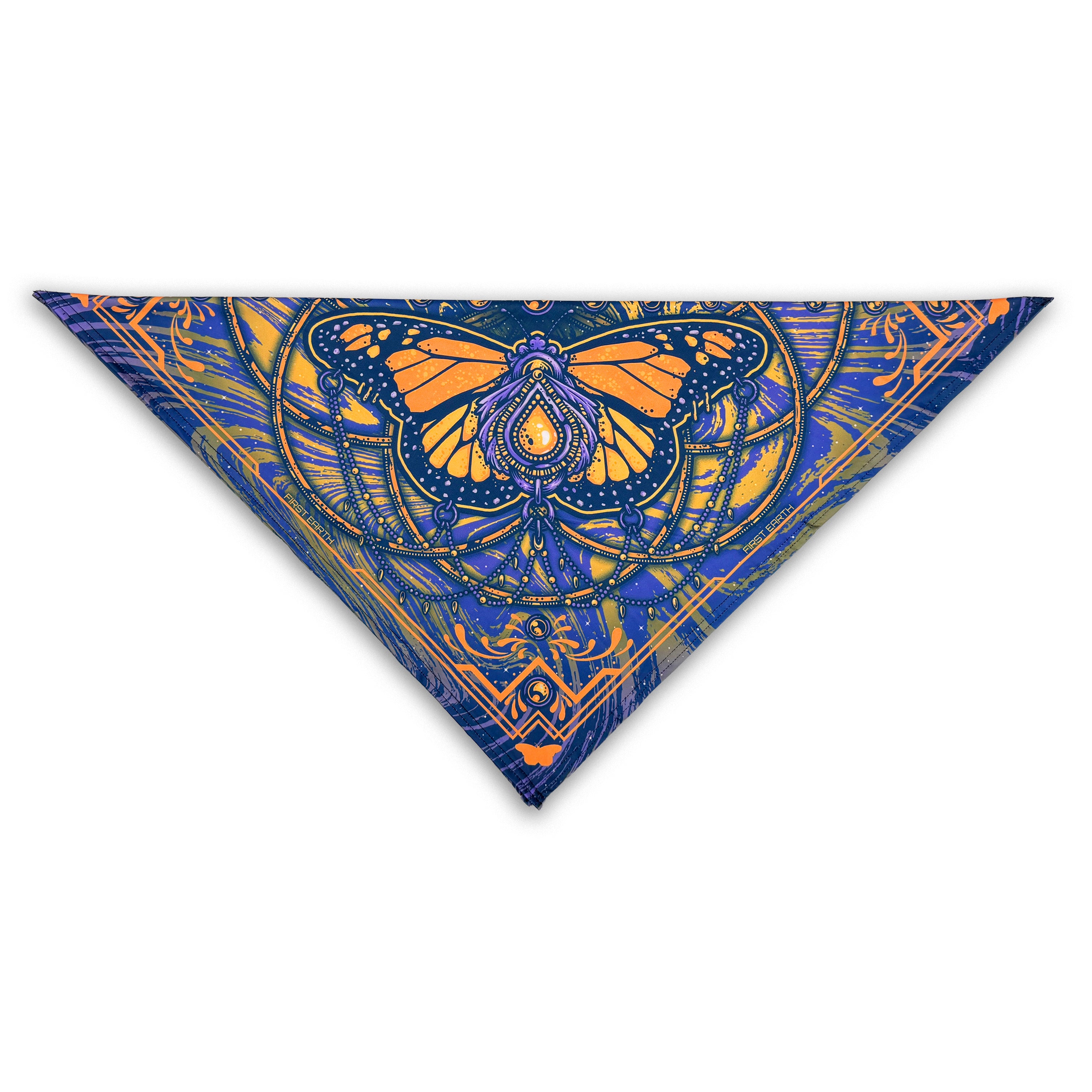 Monarch UV glow bandana by First Earth – lightweight rave accessory with glowing butterfly design, breathable and festival-ready 