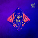 Monarch - UV Glow - Bandana glowing under black light, showing the UV-reactive colors and complete printed design