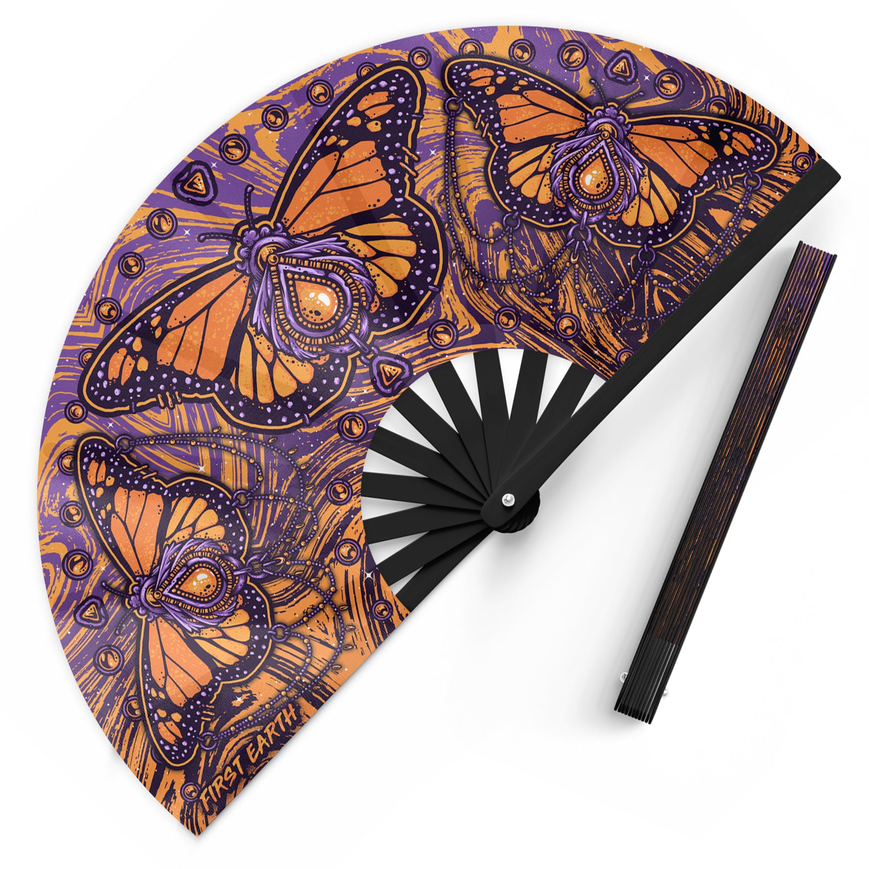 Monarch UV glow hand fan by First Earth – folding rave fan with glowing butterfly design, bamboo ribs, and vibrant polyester fabric that snaps open for a cool breeze 
