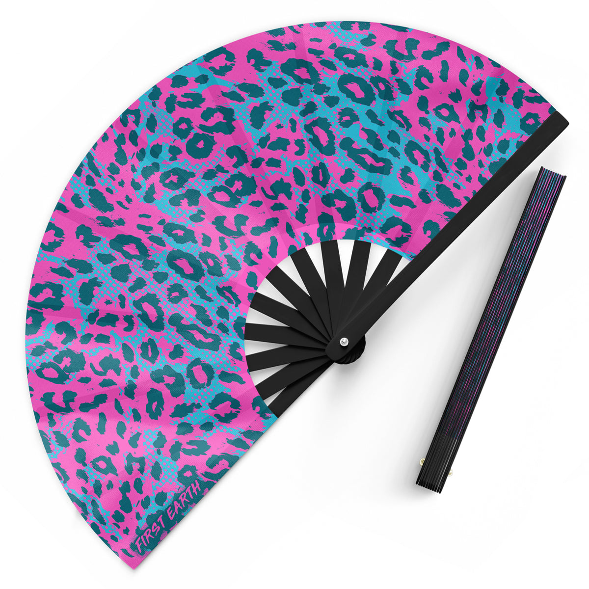 Neon Cheetah UV hand fan matching the crop jersey