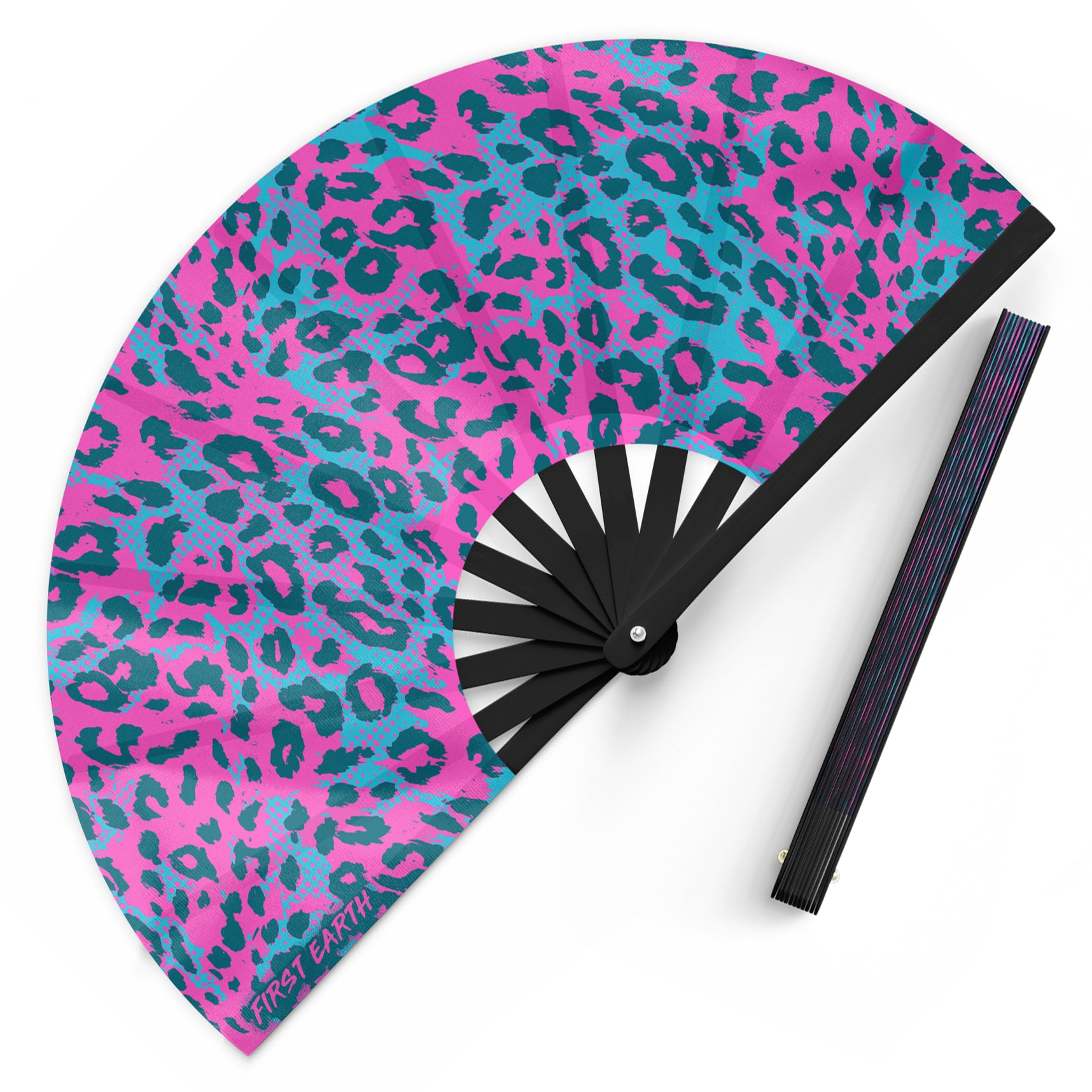 Neon cheetah UV glow folding hand fan designed for raves and music festivals.