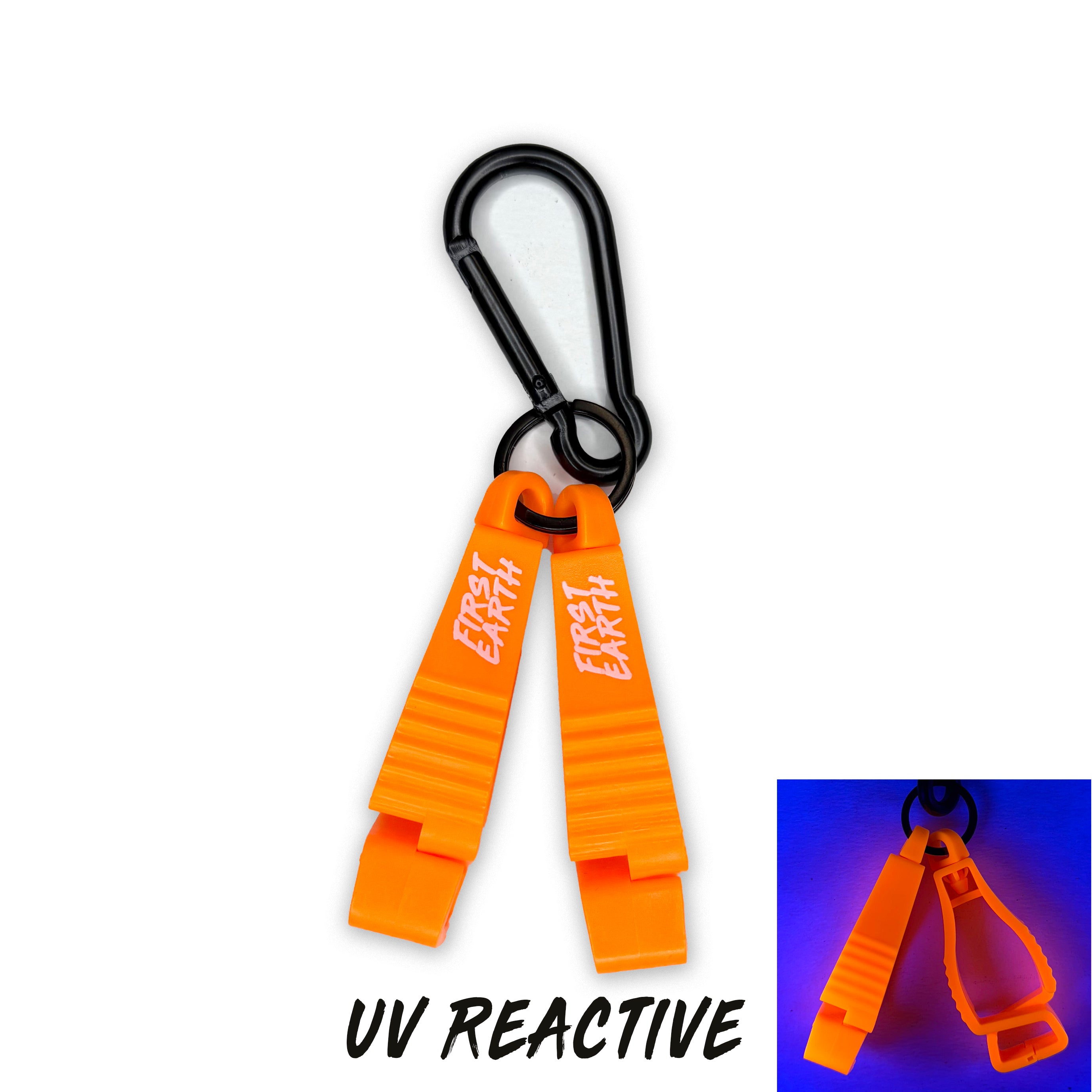 Flow Star carabiner clip – UV orange, secure clamp for spinning Flow Star, rave-ready by First Earth