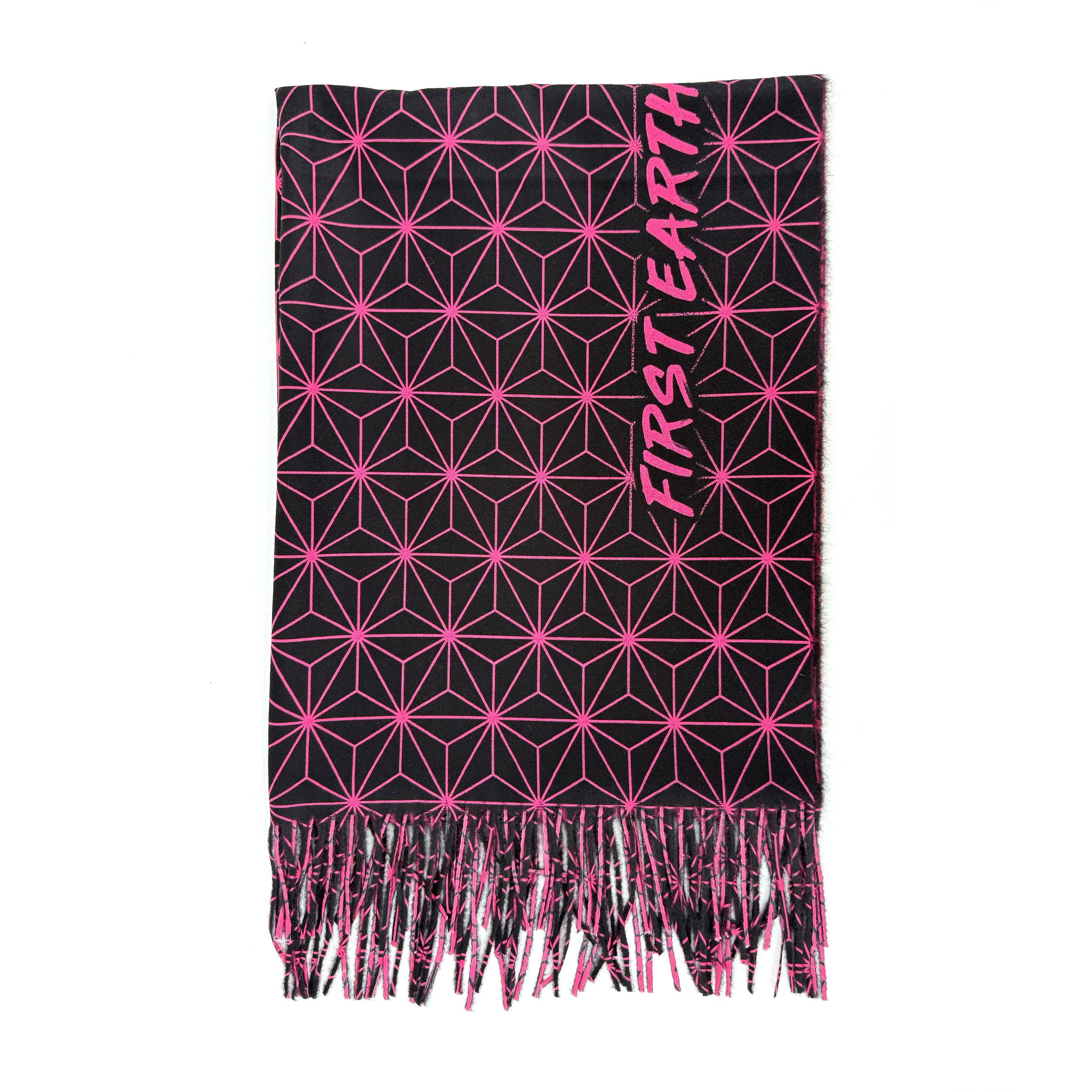 Asanoha pink pashmina by First Earth – soft, breathable rave wrap with glowing sacred geometry design, perfect for chilly nights and festival flow 
