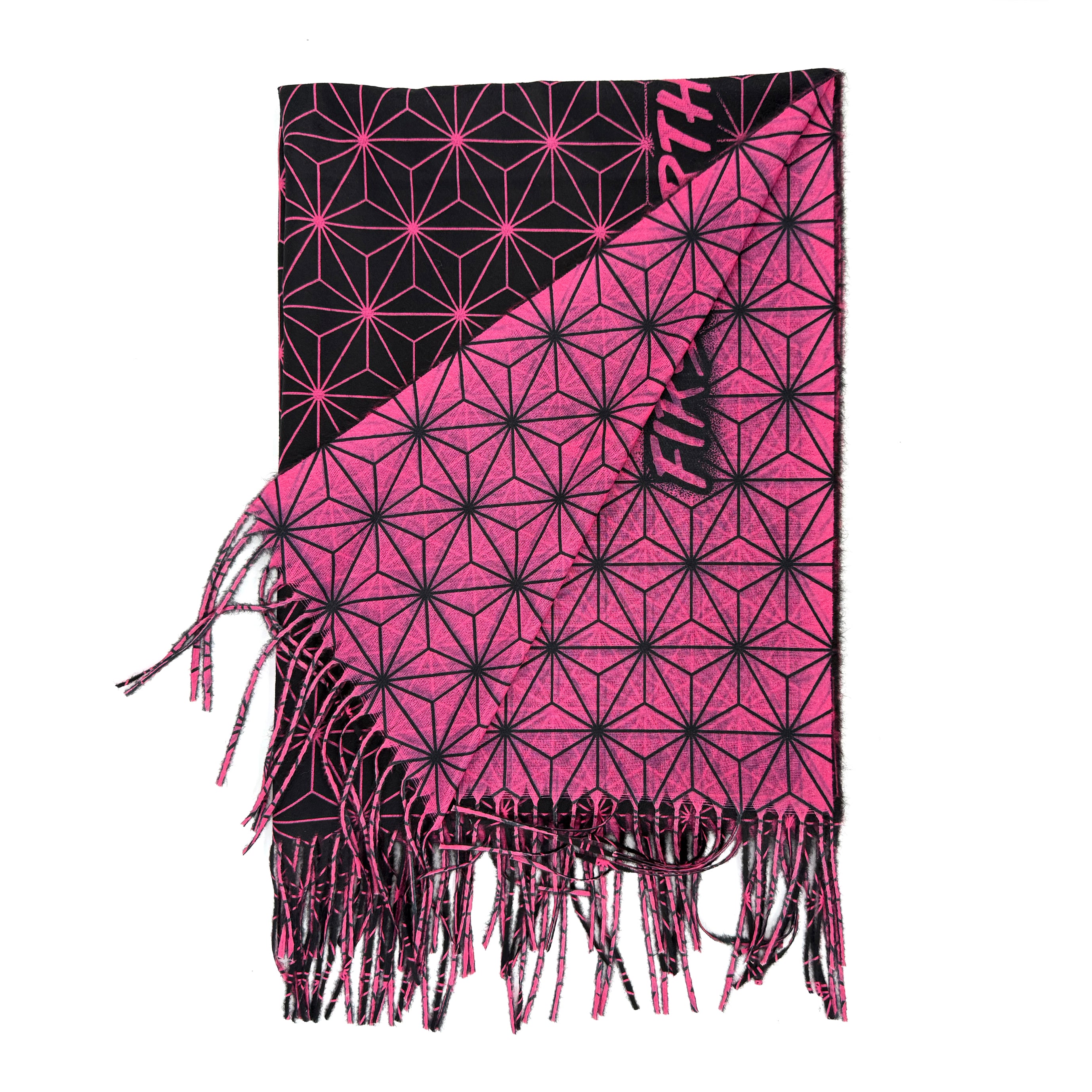 Asanoha pink pashmina by First Earth – soft, breathable rave wrap with glowing sacred geometry design, perfect for chilly nights and festival flow 