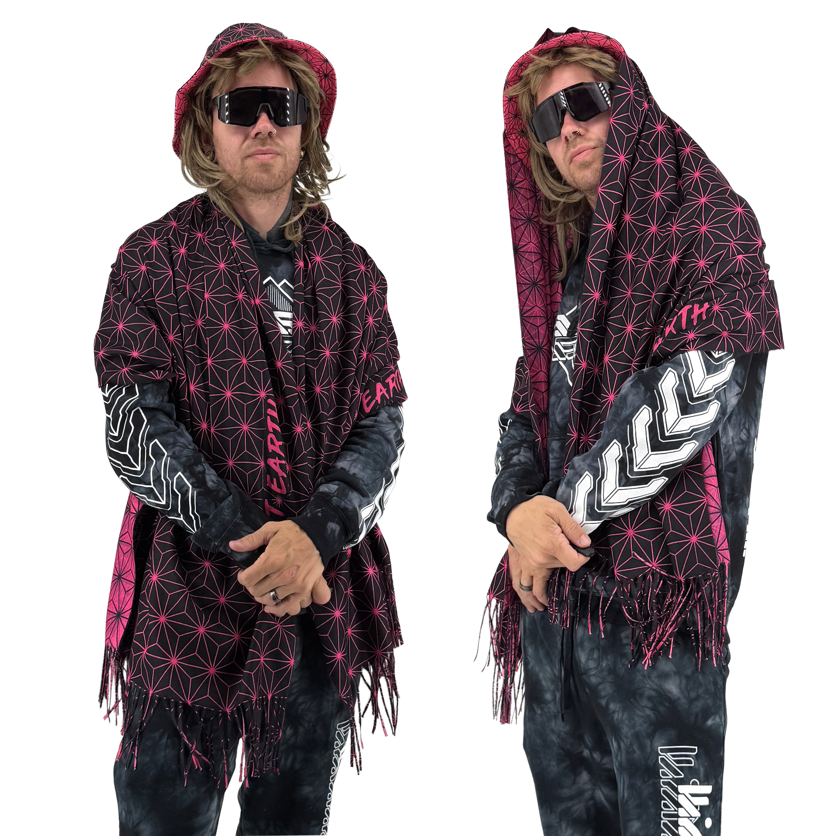 Asanoha pink pashmina by First Earth – soft, breathable rave wrap with glowing sacred geometry design, perfect for chilly nights and festival flow 