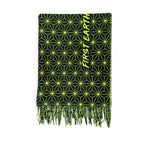 Asanoha yellow pashmina by First Earth – cozy, festival-ready wrap with glowing sacred geometry pattern, ideal for layering in rave environments 