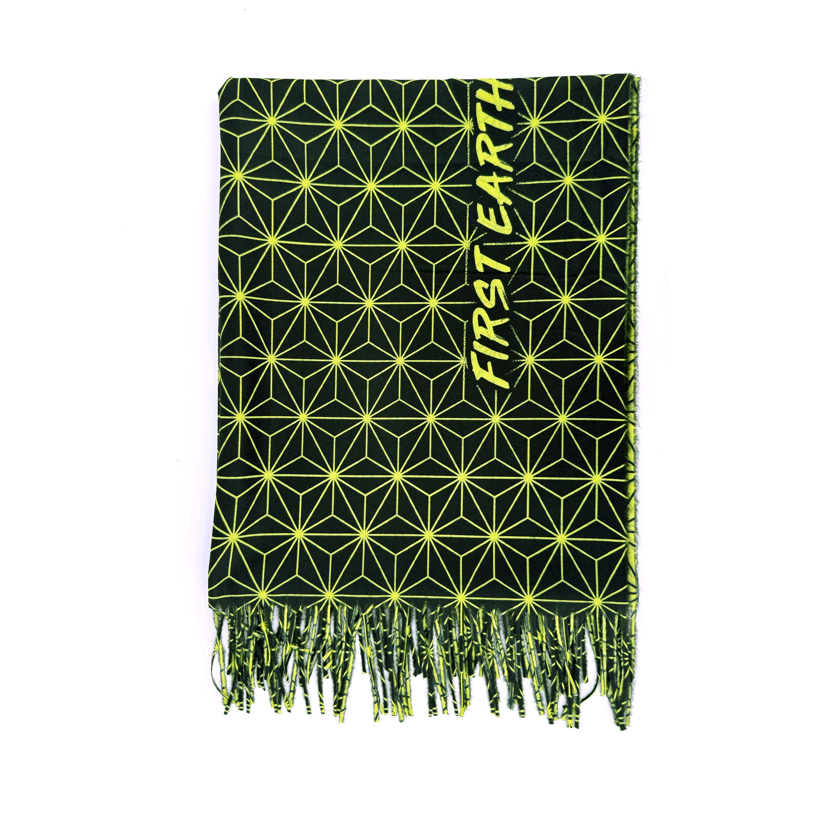 Asanoha yellow pashmina by First Earth – cozy, festival-ready wrap with glowing sacred geometry pattern, ideal for layering in rave environments 