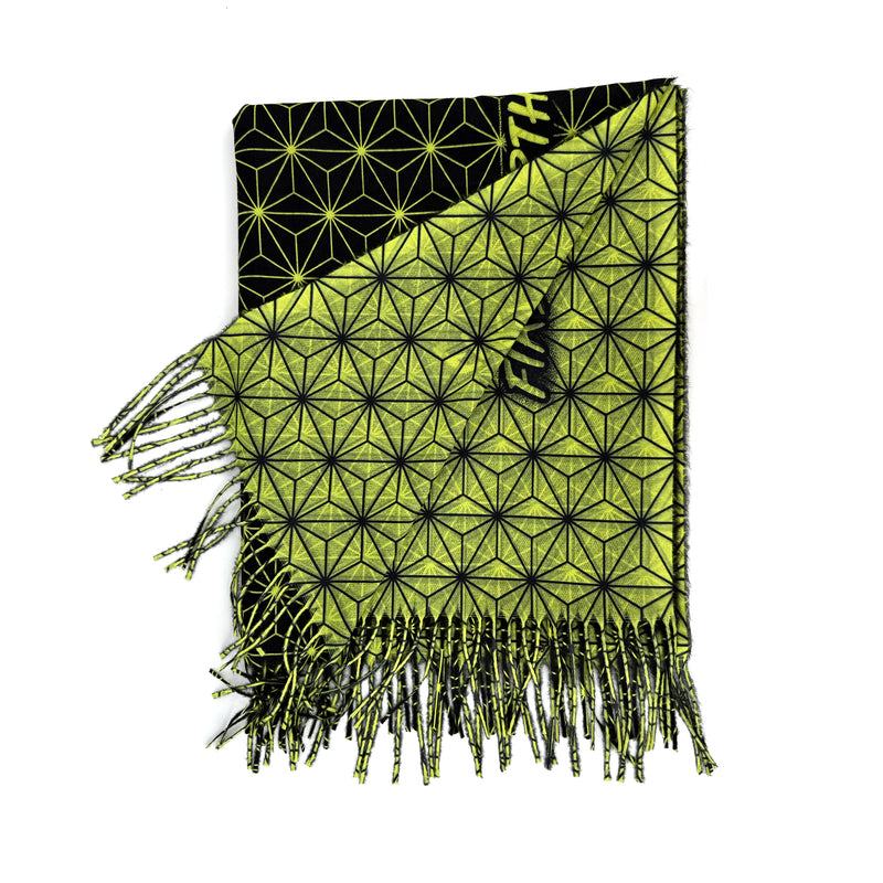 Asanoha yellow pashmina by First Earth – cozy, festival-ready wrap with glowing sacred geometry pattern, ideal for layering in rave environments 