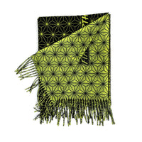 Asanoha yellow pashmina by First Earth – cozy, festival-ready wrap with glowing sacred geometry pattern, ideal for layering in rave environments 