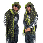 Asanoha yellow pashmina by First Earth – cozy, festival-ready wrap with glowing sacred geometry pattern, ideal for layering in rave environments 