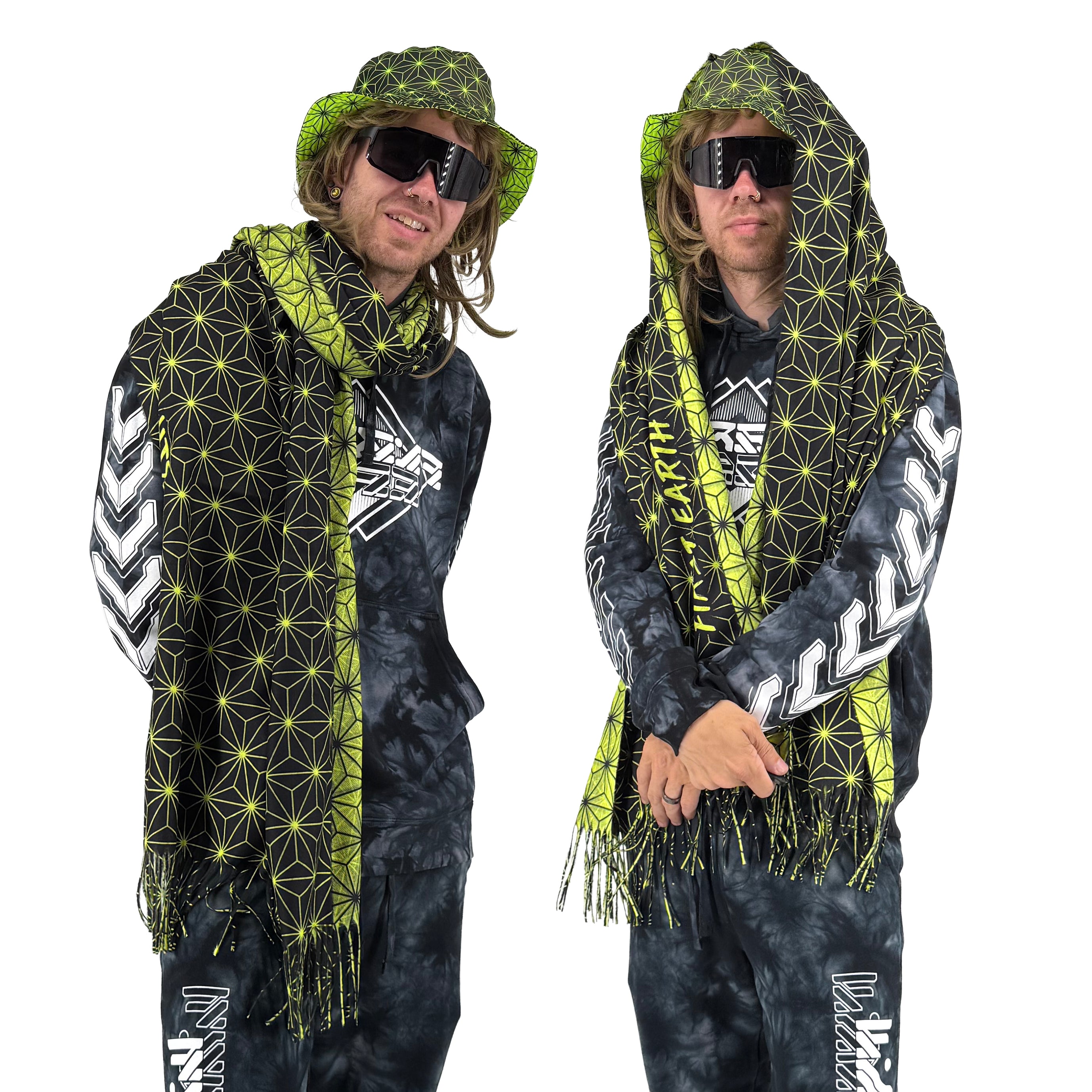 Asanoha yellow pashmina by First Earth – cozy, festival-ready wrap with glowing sacred geometry pattern, ideal for layering in rave environments 