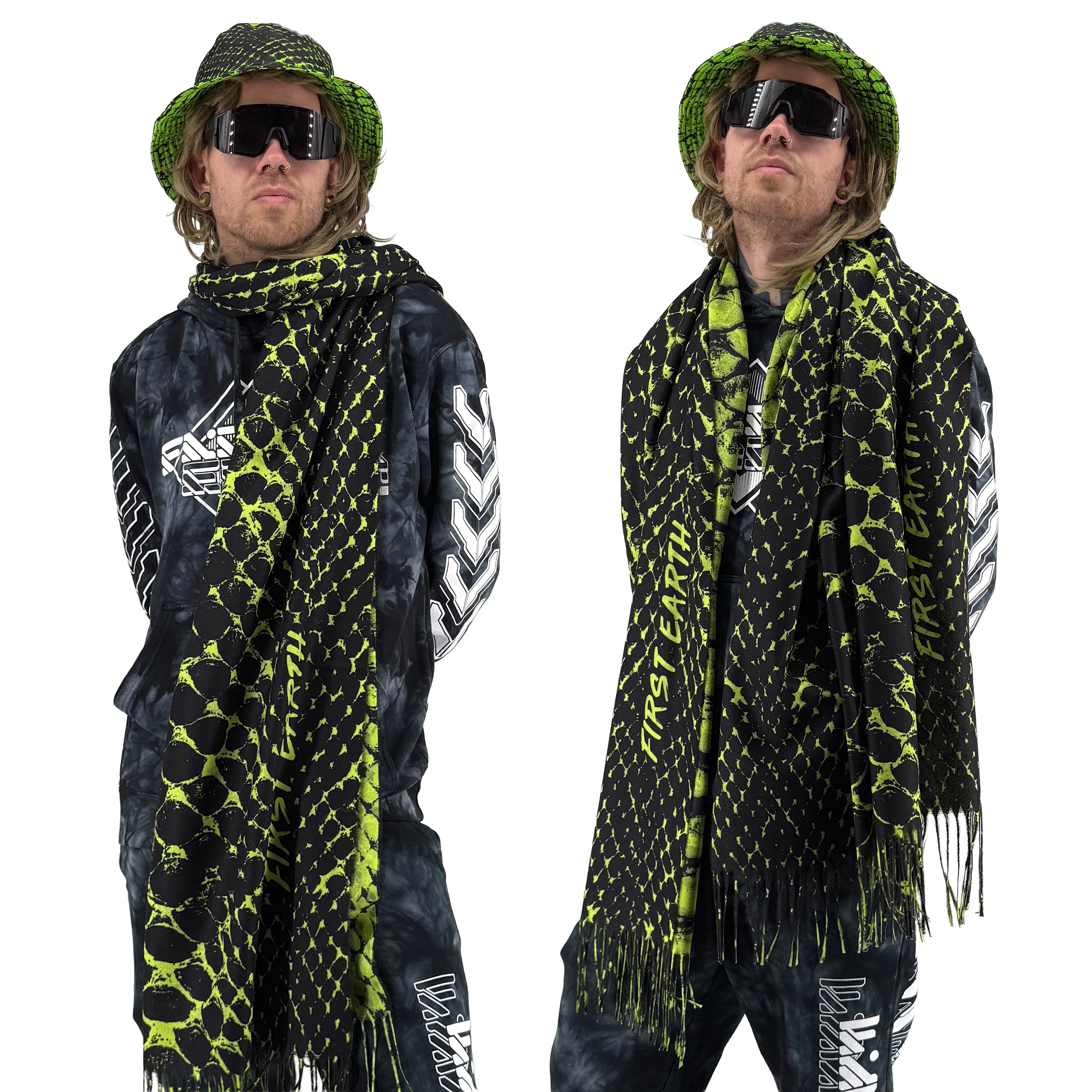 Neon Serpent pashmina by First Earth – lightweight rave wrap featuring serpent design, soft and breathable for flow arts and chilly set times 
