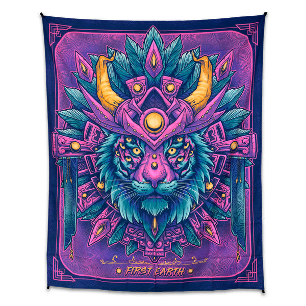 PsyTiger UV Reactive Tapestry by First Earth – neon tiger UV wall art for rave and EDM décor