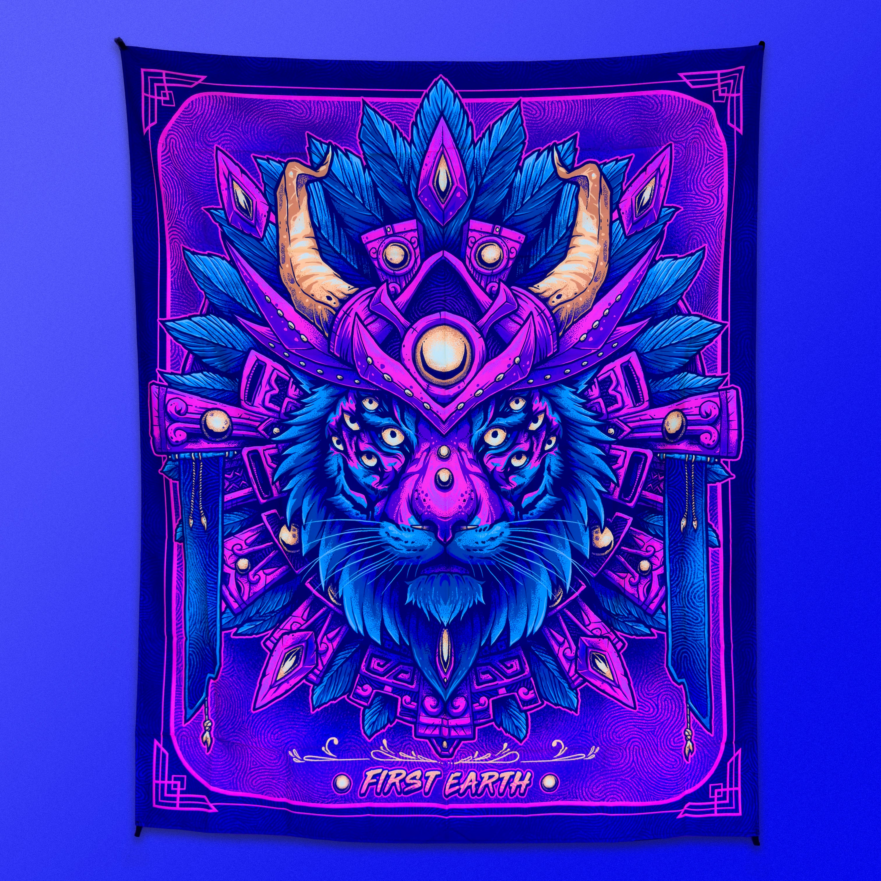 PsyTiger UV Reactive Tapestry by First Earth – neon tiger UV wall art for rave and EDM décor