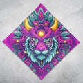 PsyTiger UV glow bandana by First Earth, full 24x24 square laid flat showing the complete psychedelic tiger print