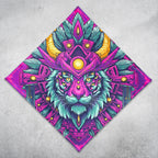PsyTiger UV glow bandana by First Earth, full 24x24 square laid flat showing the complete psychedelic tiger print