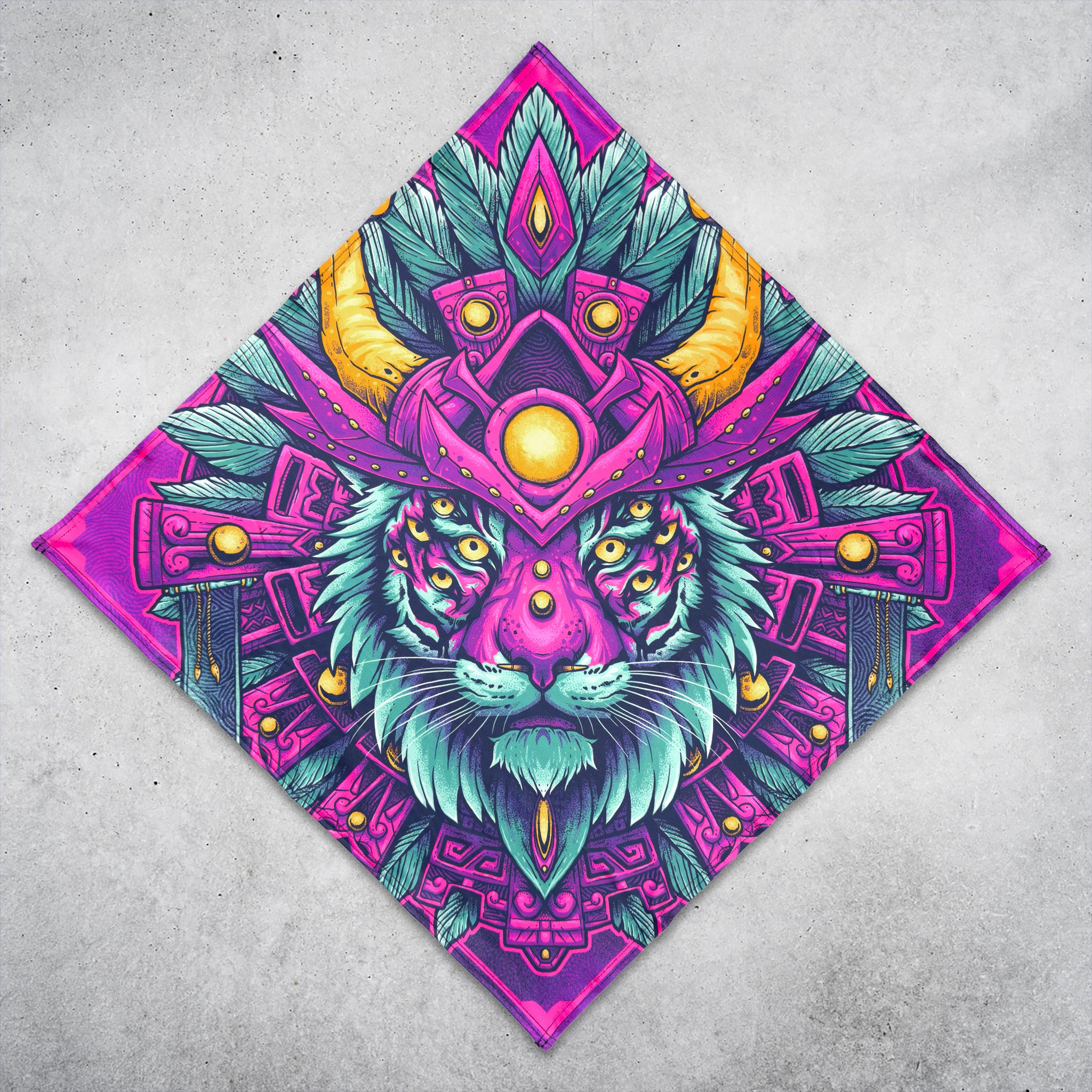 PsyTiger UV glow bandana by First Earth, full 24x24 square laid flat showing the complete psychedelic tiger print