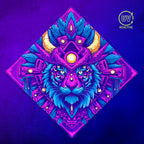 PsyTiger UV glow bandana under blacklight, full tiger print glowing neon