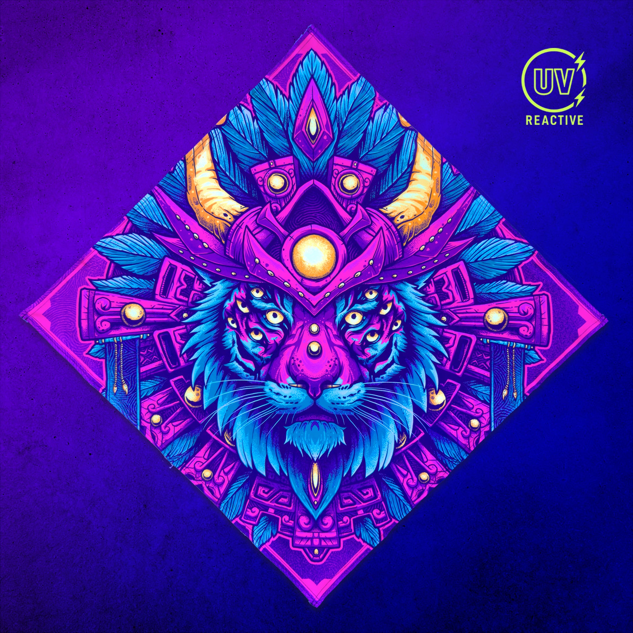 PsyTiger UV glow bandana under blacklight, full tiger print glowing neon