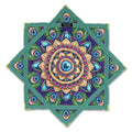 First Earth flow star front with peacock feather artwork, gold mandala center, and green trim