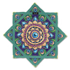 First Earth flow star front with peacock feather artwork, gold mandala center, and green trim