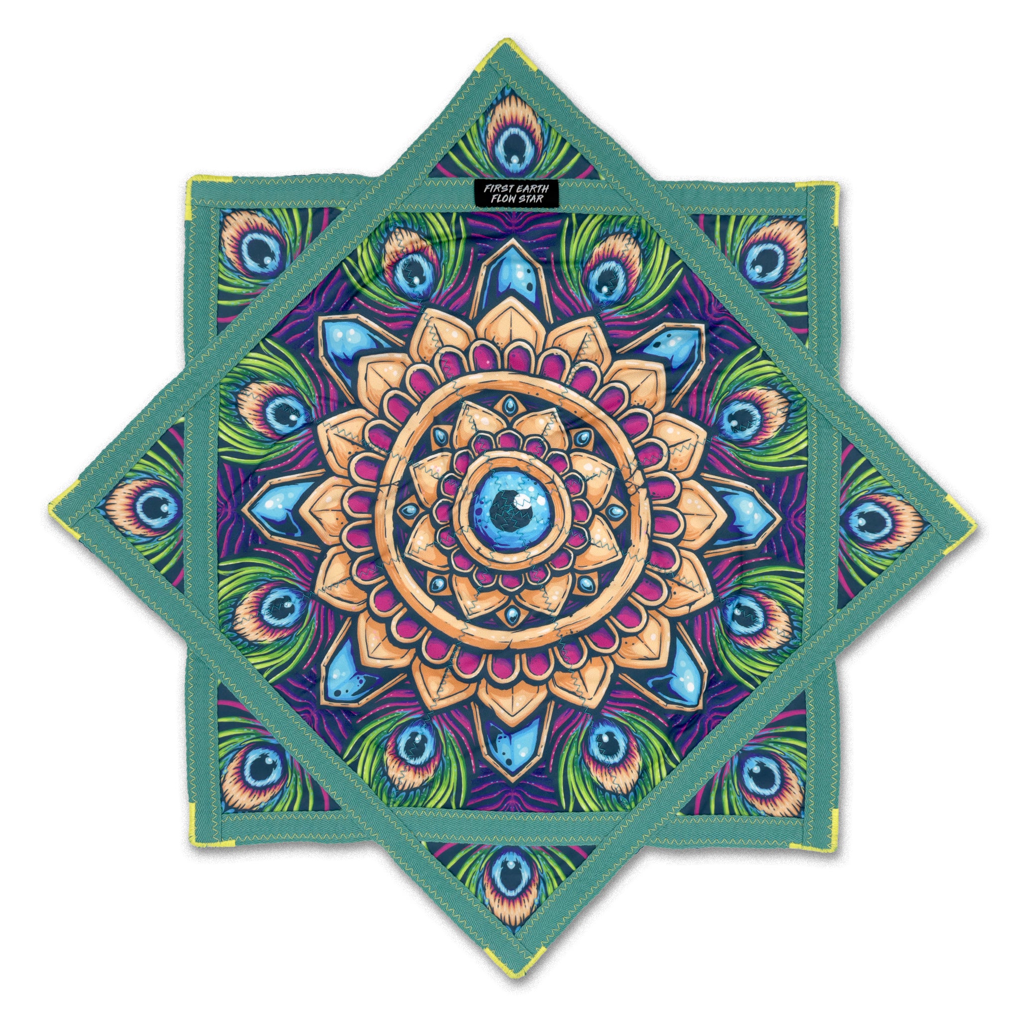 First Earth flow star front with peacock feather artwork, gold mandala center, and green trim