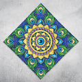 Royal Plume UV glow bandana by First Earth, full 24x24 square laid flat showing the complete feather print