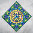 Royal Plume UV glow bandana by First Earth, full 24x24 square laid flat showing the complete feather print