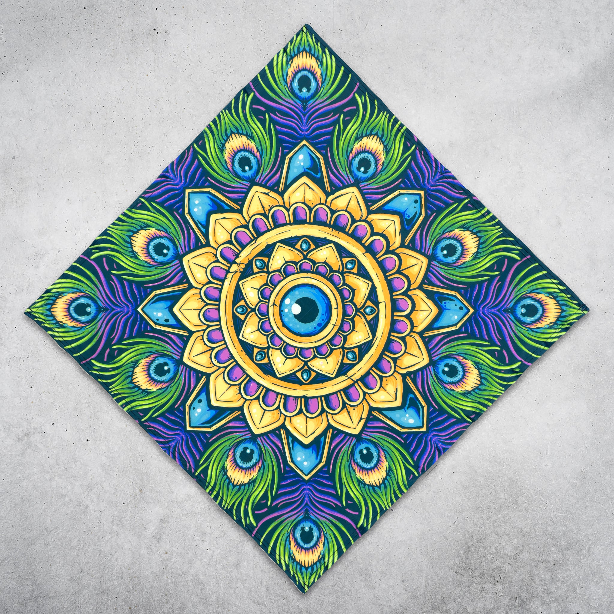 Royal Plume UV glow bandana by First Earth, full 24x24 square laid flat showing the complete feather print