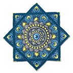 First Earth flow star back with blue peacock feather artwork, gray mandala center, and green trim