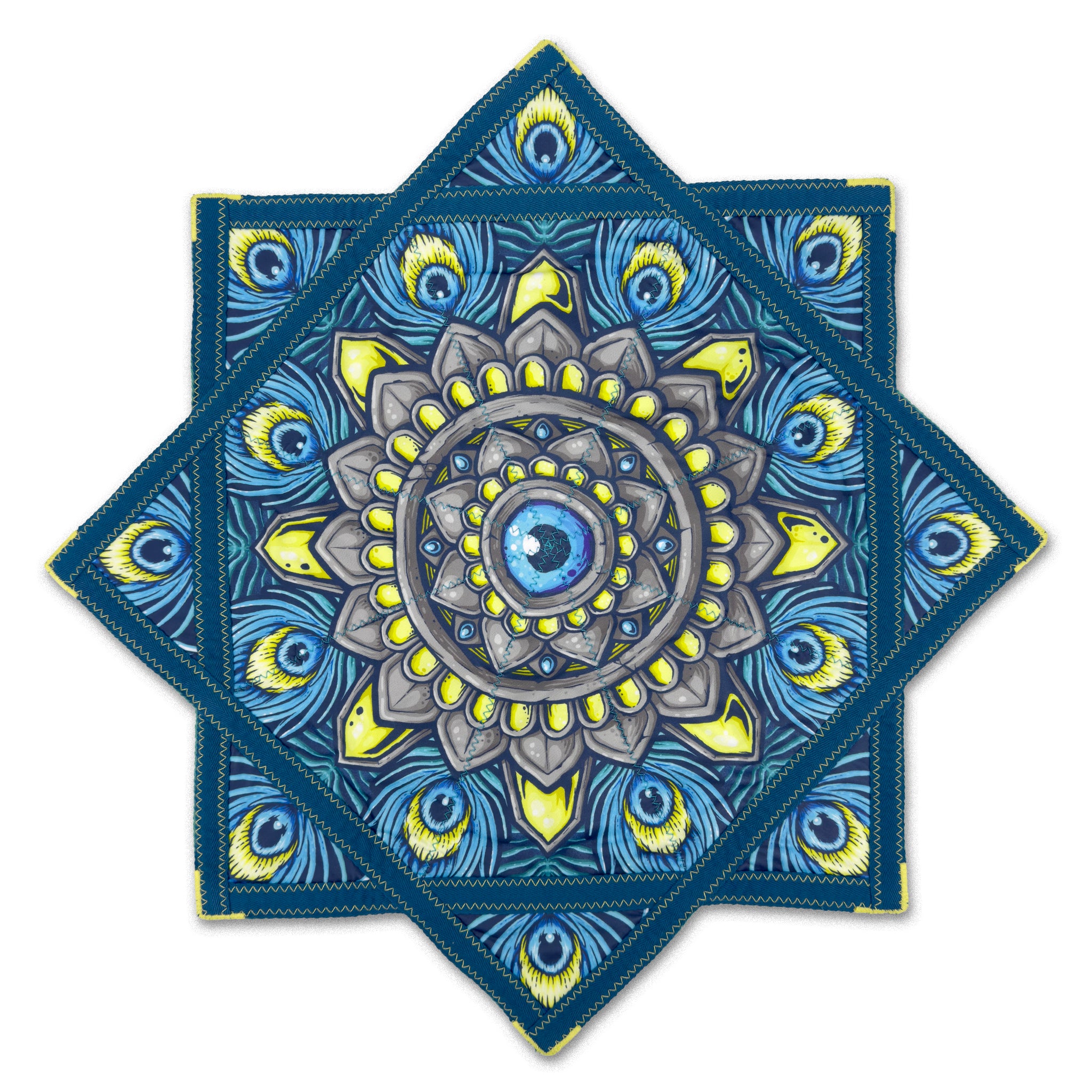 First Earth flow star back with blue peacock feather artwork, gray mandala center, and green trim