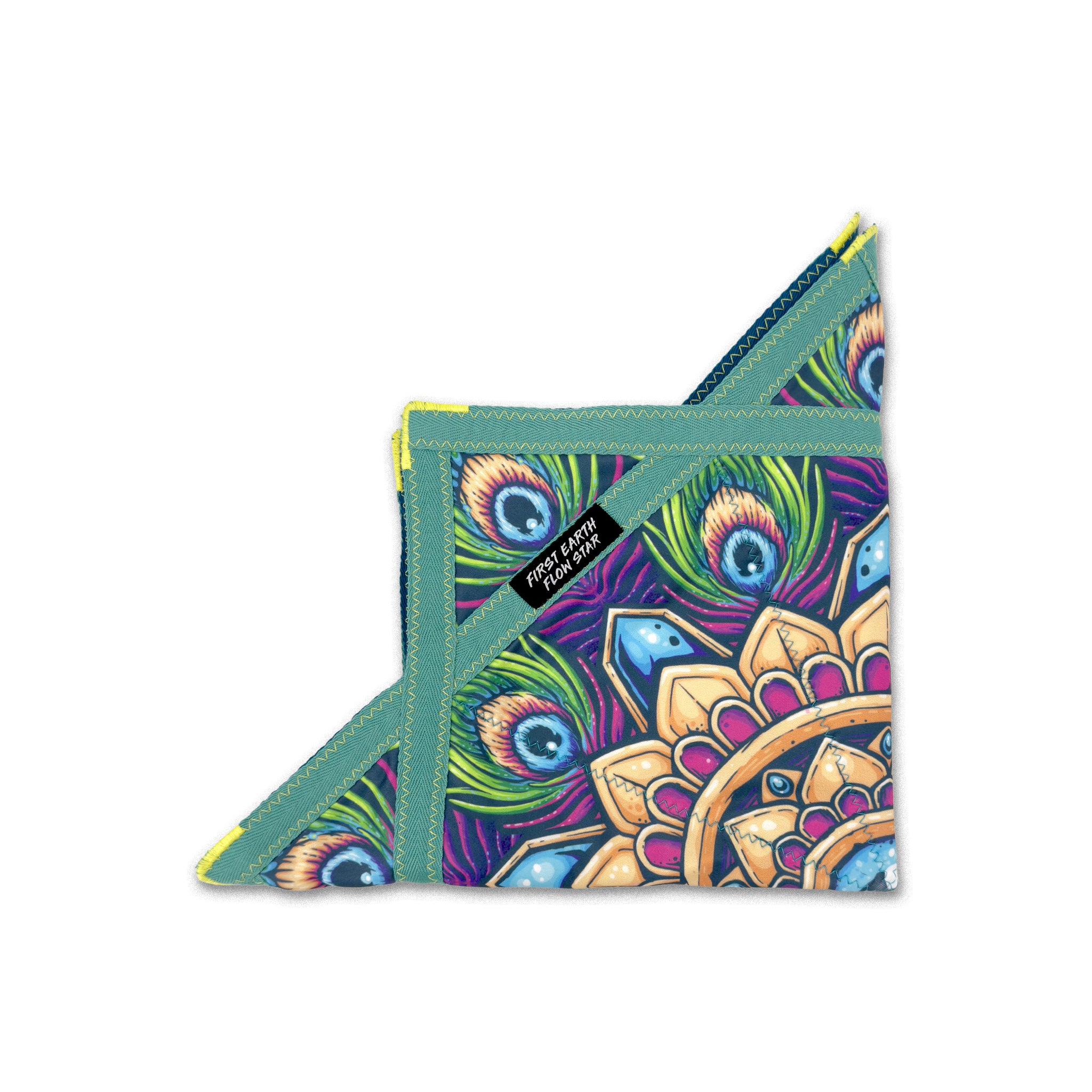 First Earth flow star folded into quarters showing peacock artwork, green trim, and brand tag