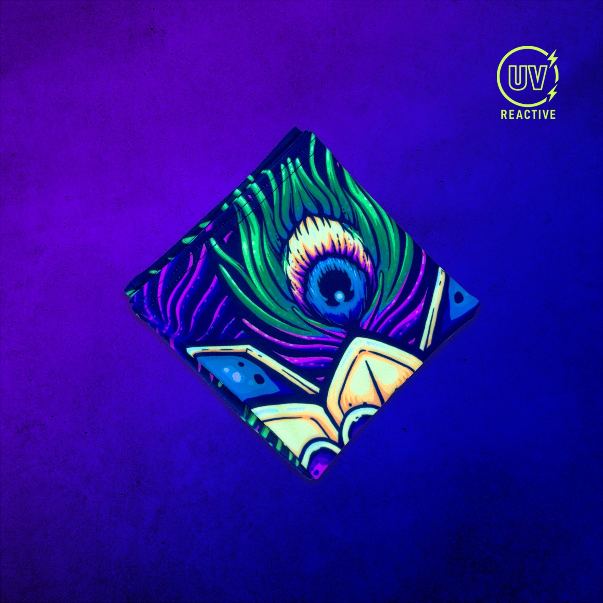 Royal Plume UV glow bandana folded into a square and glowing under blacklight