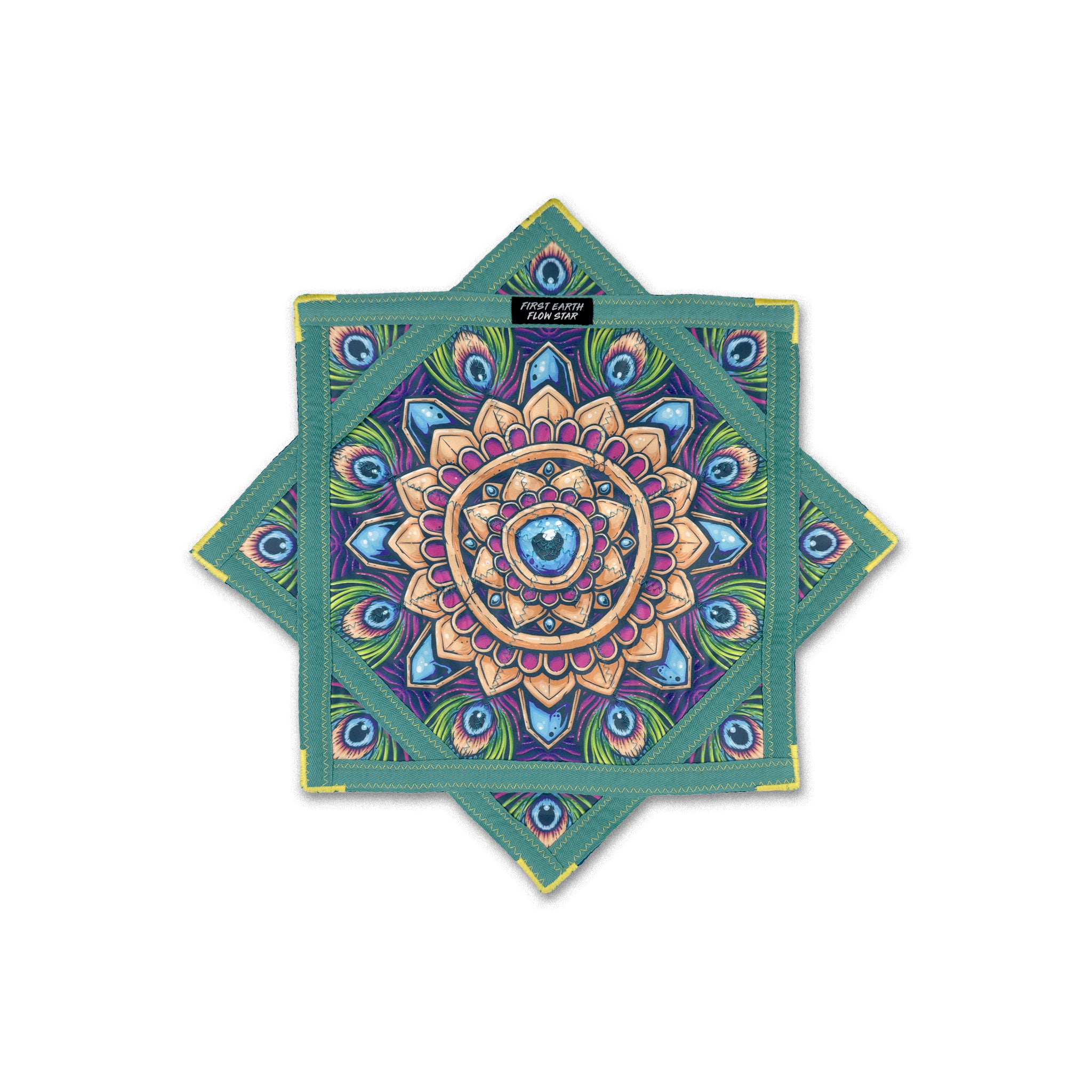 First Earth Royal Plume mini flow star front with peacock feather and gold mandala artwork