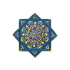 First Earth Royal Plume mini flow star back with blue peacock feather and gray mandala artwork
