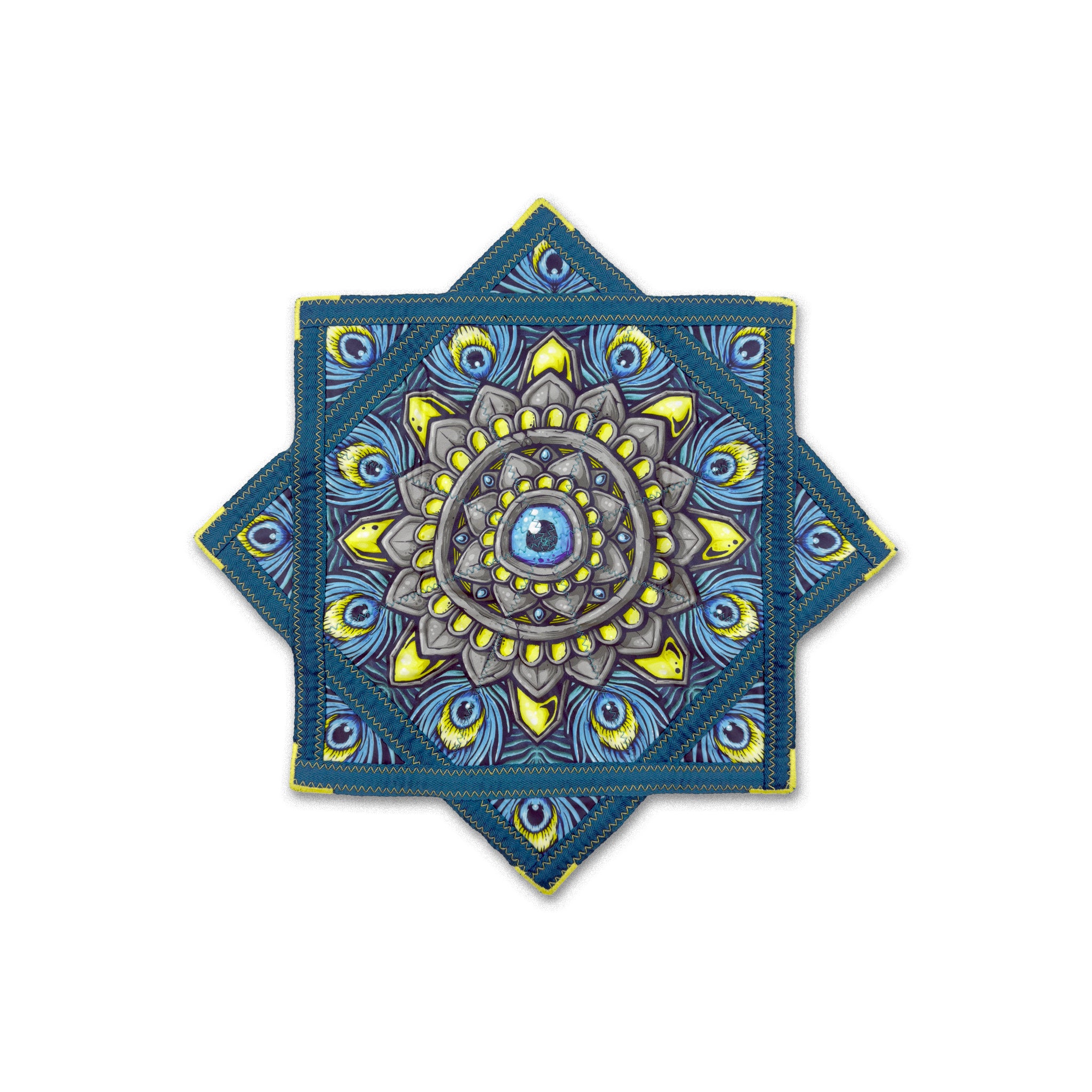 First Earth Royal Plume mini flow star back with blue peacock feather and gray mandala artwork