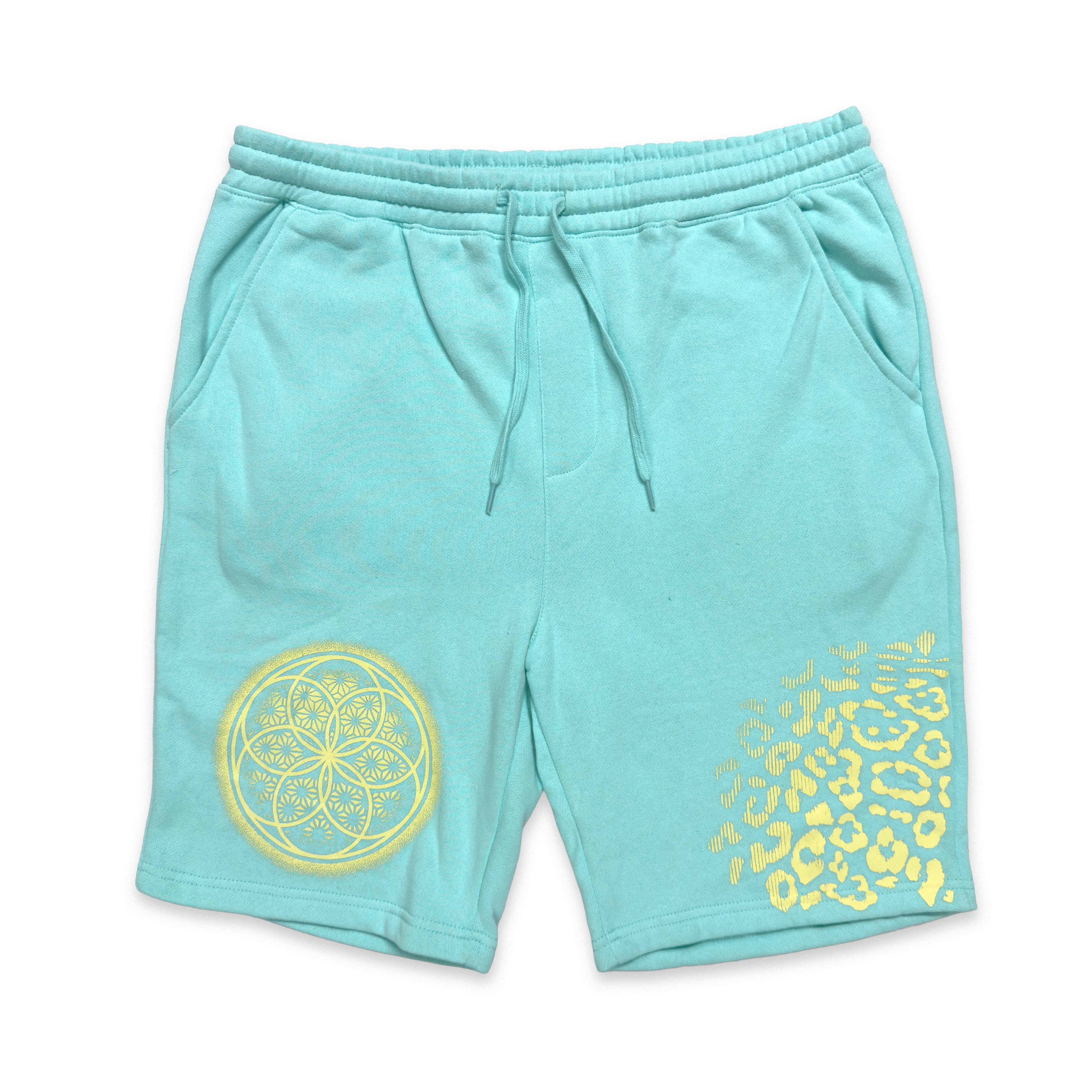First Earth Flower of Life aqua shorts for rave and festival wear