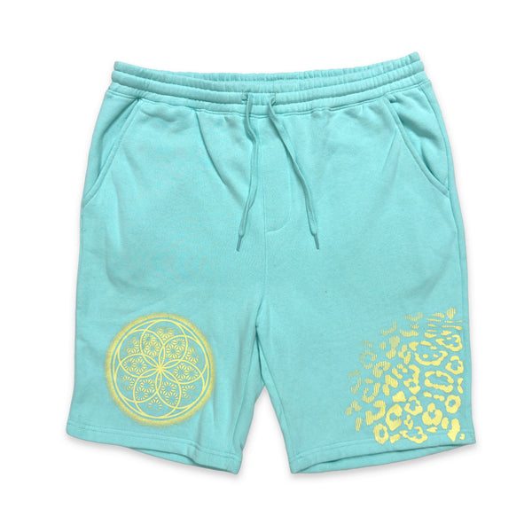 First Earth Flower of Life aqua shorts for rave and festival wear
