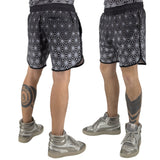 Asanoha Grey UV rave shorts with sacred Japanese hemp leaf pattern that glows under blacklight