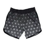 Asanoha Grey UV rave shorts with sacred Japanese hemp leaf pattern that glows under blacklight