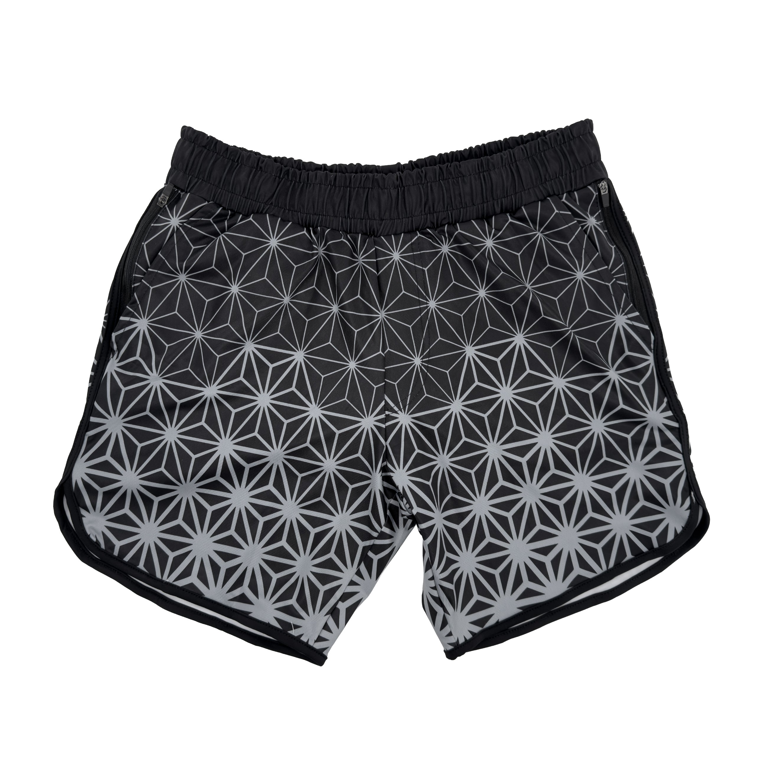 Asanoha Grey UV rave shorts with sacred Japanese hemp leaf pattern that glows under blacklight