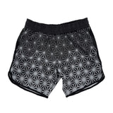 Asanoha Grey UV rave shorts with sacred Japanese hemp leaf pattern that glows under blacklight
