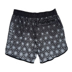 Asanoha Grey UV rave shorts with sacred Japanese hemp leaf pattern that glows under blacklight