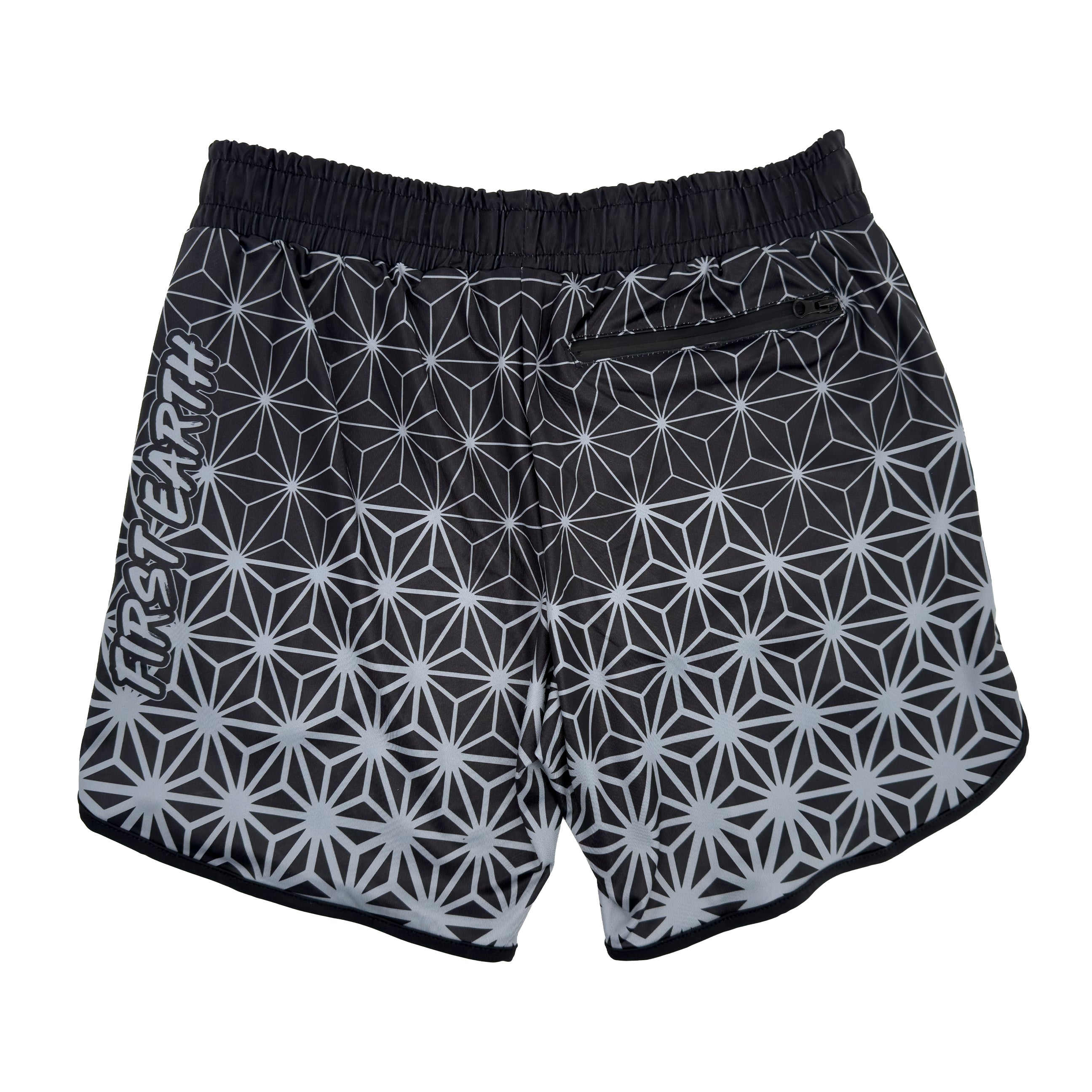 Asanoha Grey UV rave shorts with sacred Japanese hemp leaf pattern that glows under blacklight