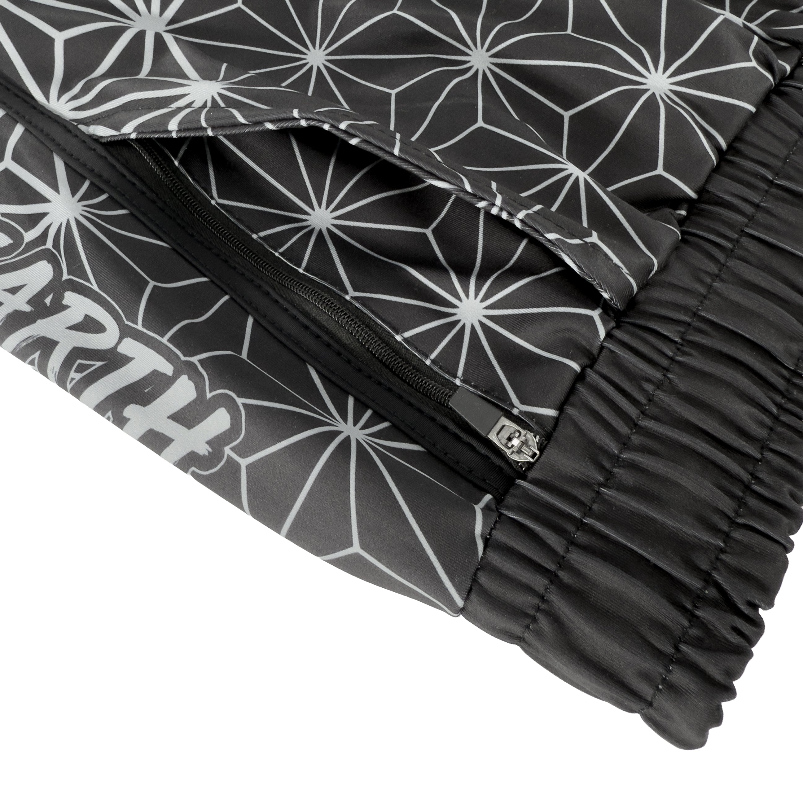 Asanoha Grey UV rave shorts with sacred Japanese hemp leaf pattern that glows under blacklight