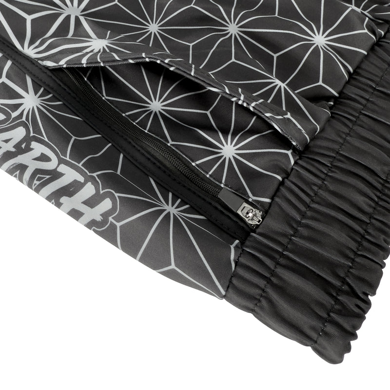 Asanoha Grey UV rave shorts with sacred Japanese hemp leaf pattern that glows under blacklight